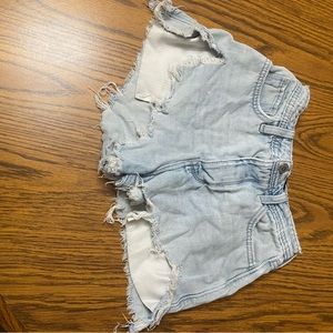 Blue High-Waisted Jean Shorts with Lace Detail